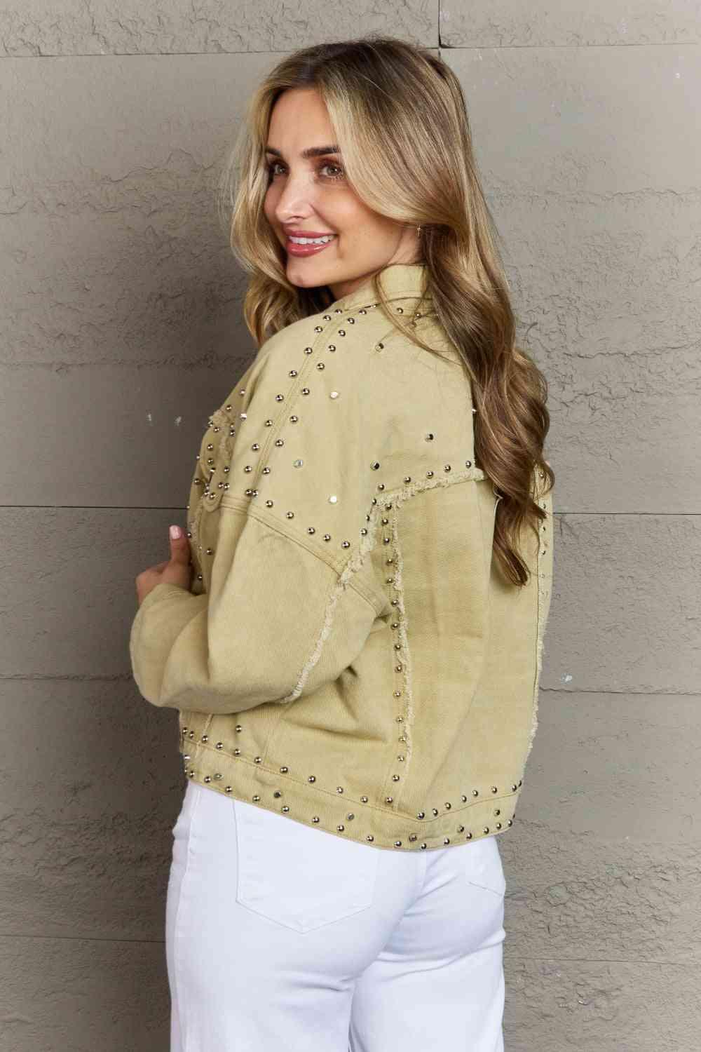 Frayed Trim Rivet Denim Jacket - Immenzive