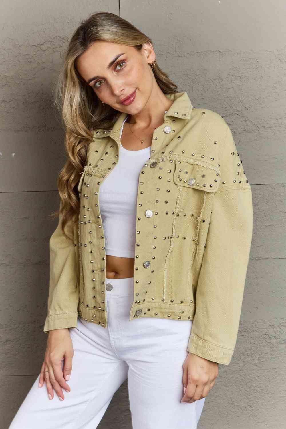 Frayed Trim Rivet Denim Jacket - Immenzive