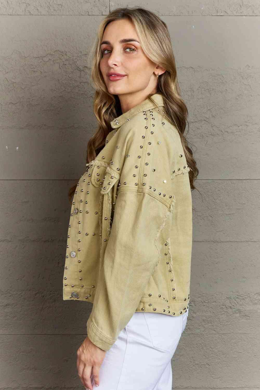 Frayed Trim Rivet Denim Jacket - Immenzive