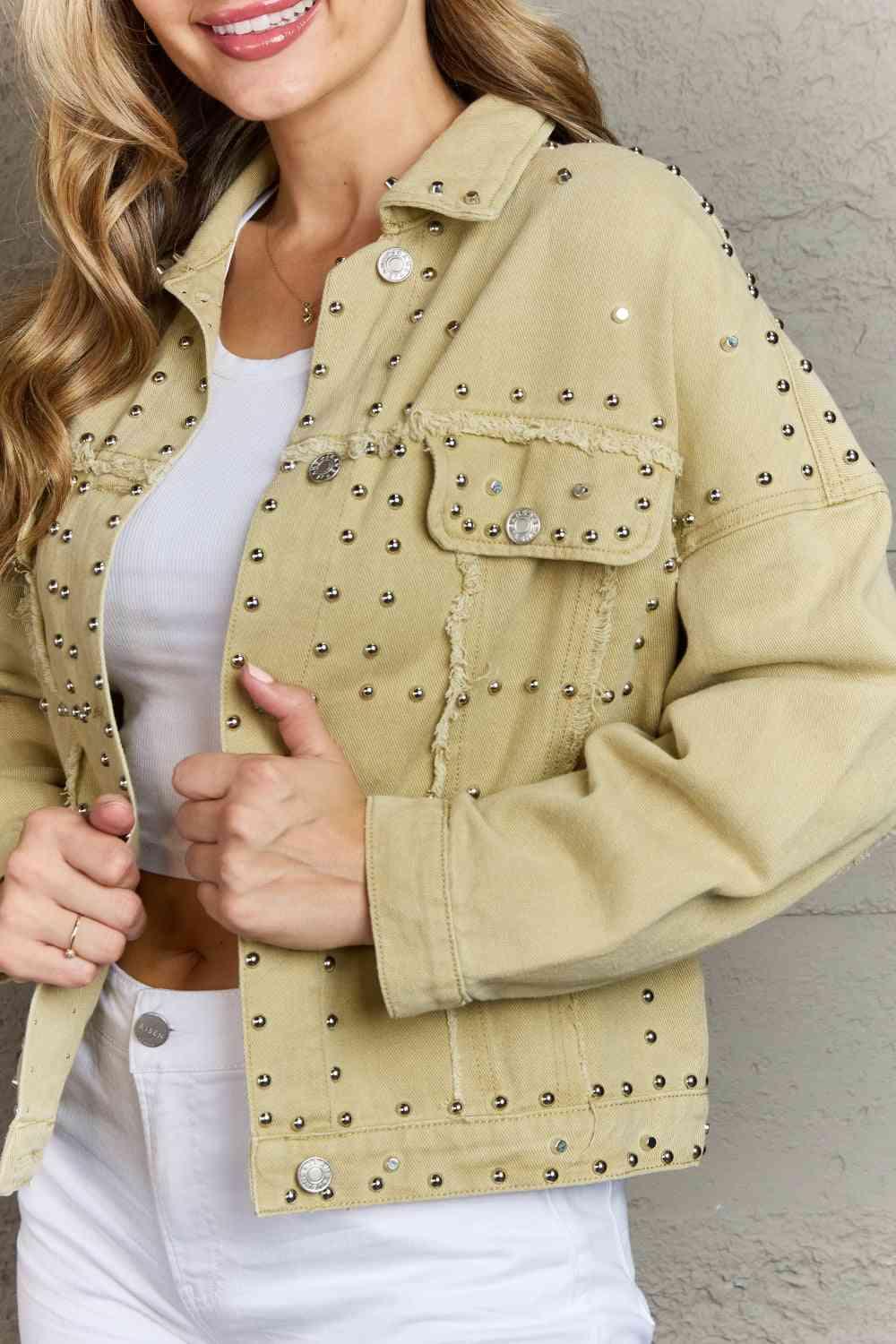 Frayed Trim Rivet Denim Jacket - Immenzive