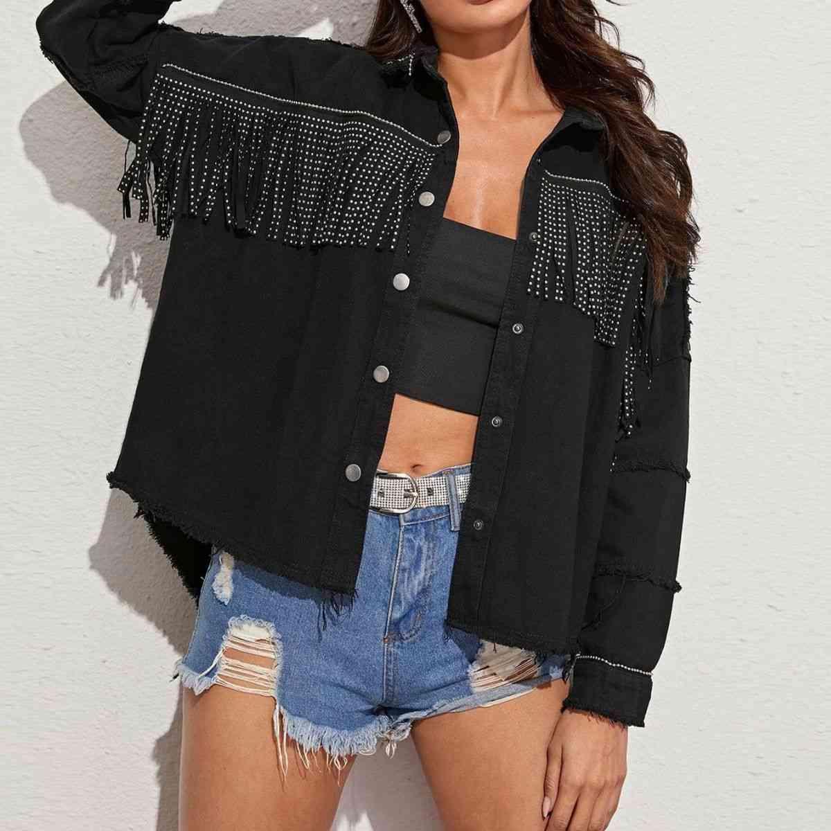 Fringe Detail Button-Down Collared Neck Denim Jacket - Immenzive