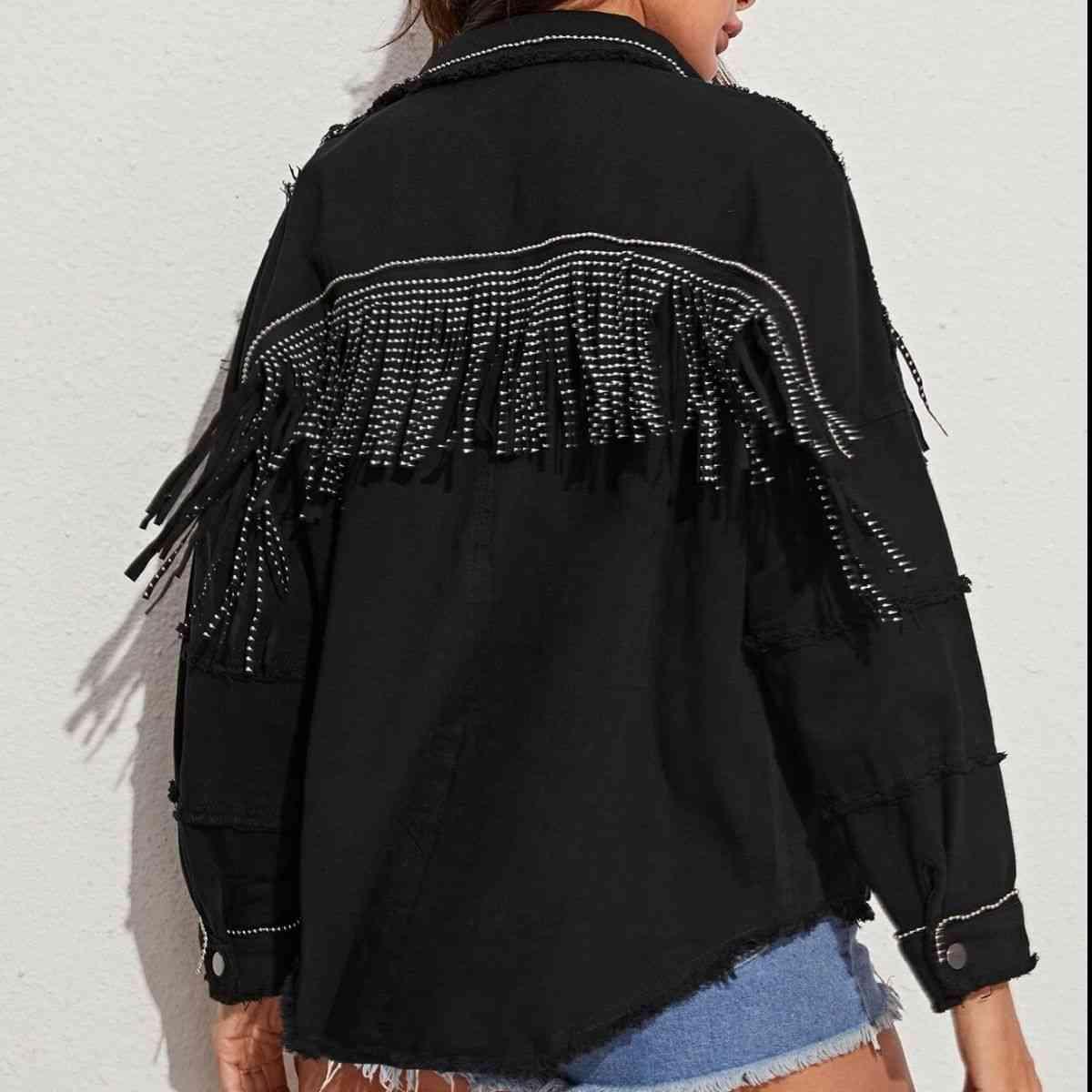Fringe Detail Button-Down Collared Neck Denim Jacket - Immenzive