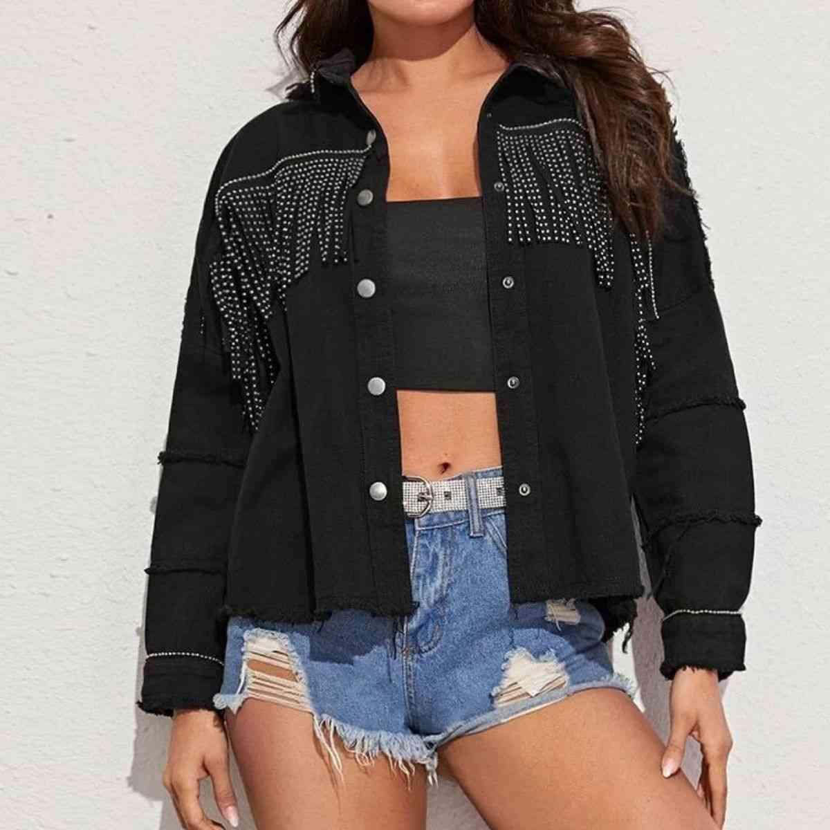 Fringe Detail Button-Down Collared Neck Denim Jacket - Immenzive