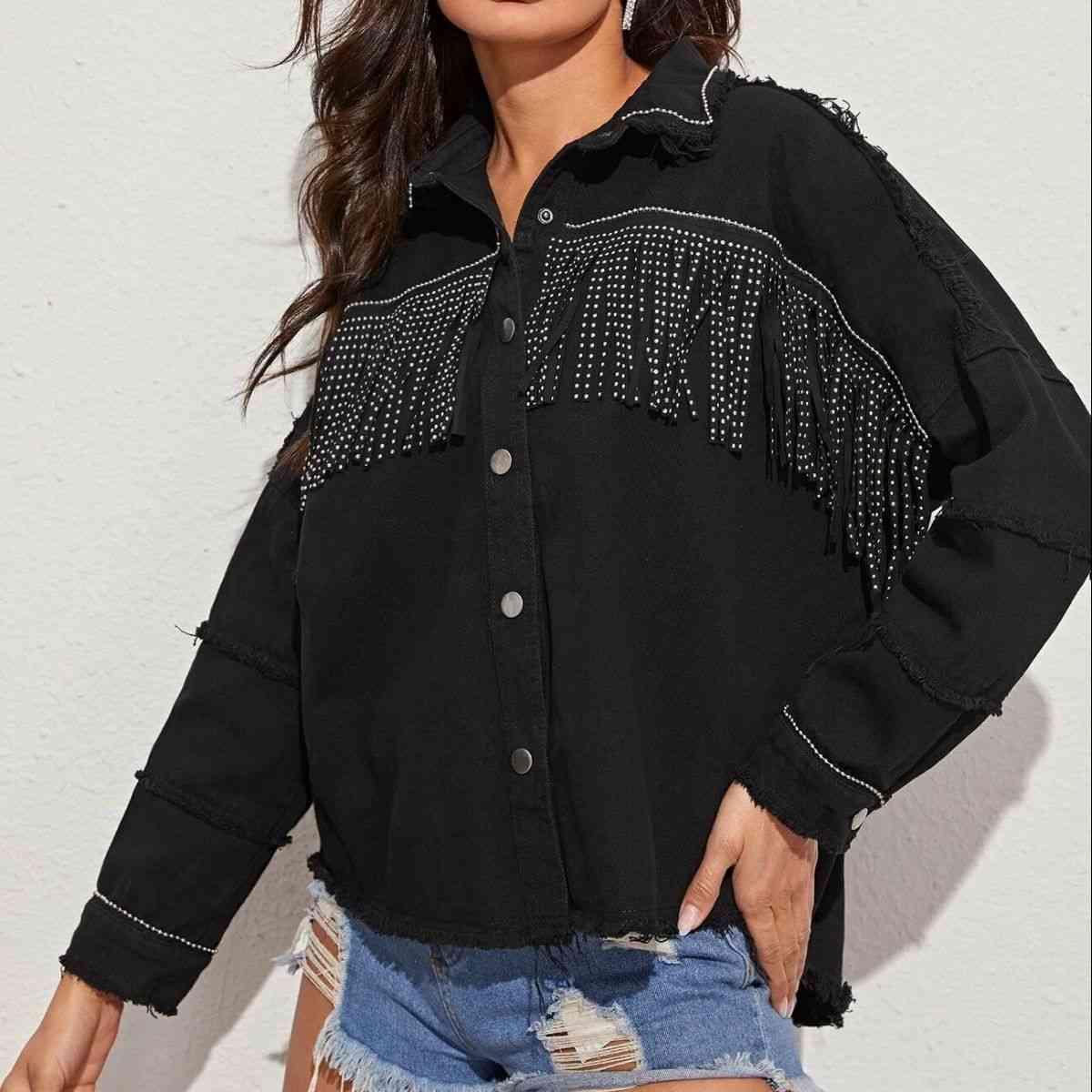 Fringe Detail Button-Down Collared Neck Denim Jacket - Immenzive
