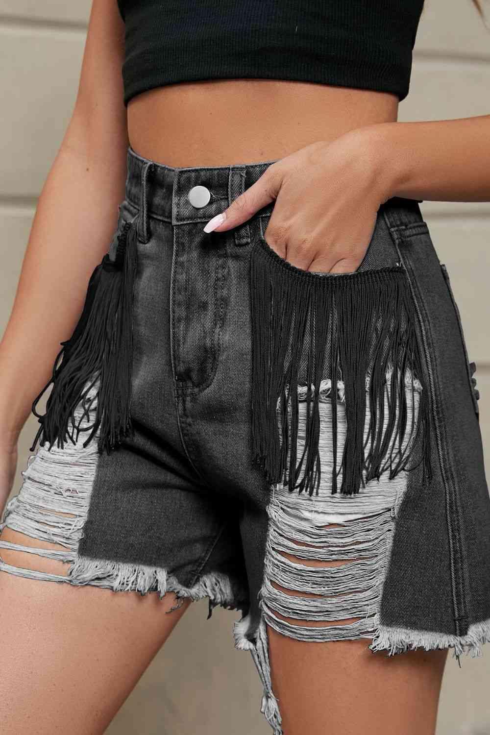 Fringe Trim Distressed Denim Shorts with Pockets - Immenzive