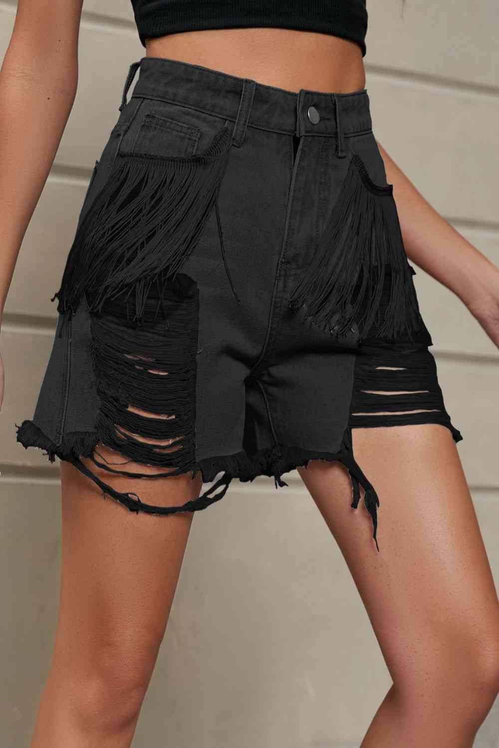 Fringe Trim Distressed Denim Shorts with Pockets - Immenzive