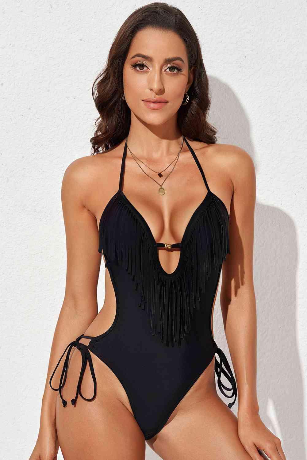 Fringe Trim Tied Halter Neck Backless One-Piece Swimsuit - Immenzive
