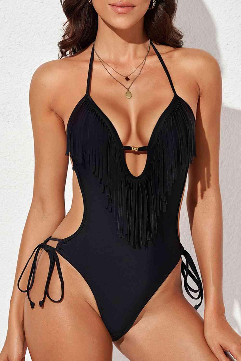 Fringe Trim Tied Halter Neck Backless One-Piece Swimsuit - Immenzive
