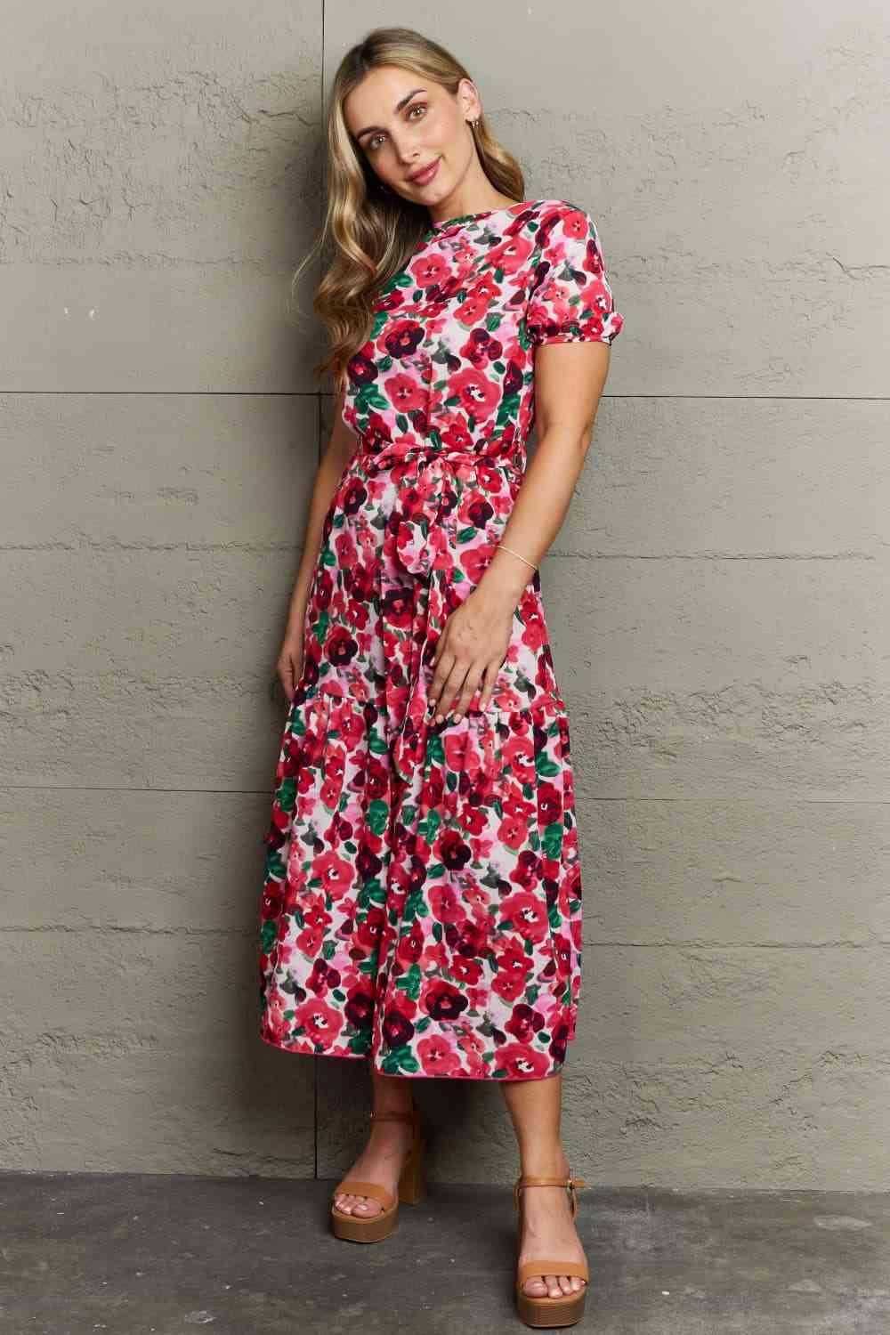 Full Size Belted Surplice Short Sleeve Midi Dress - Immenzive