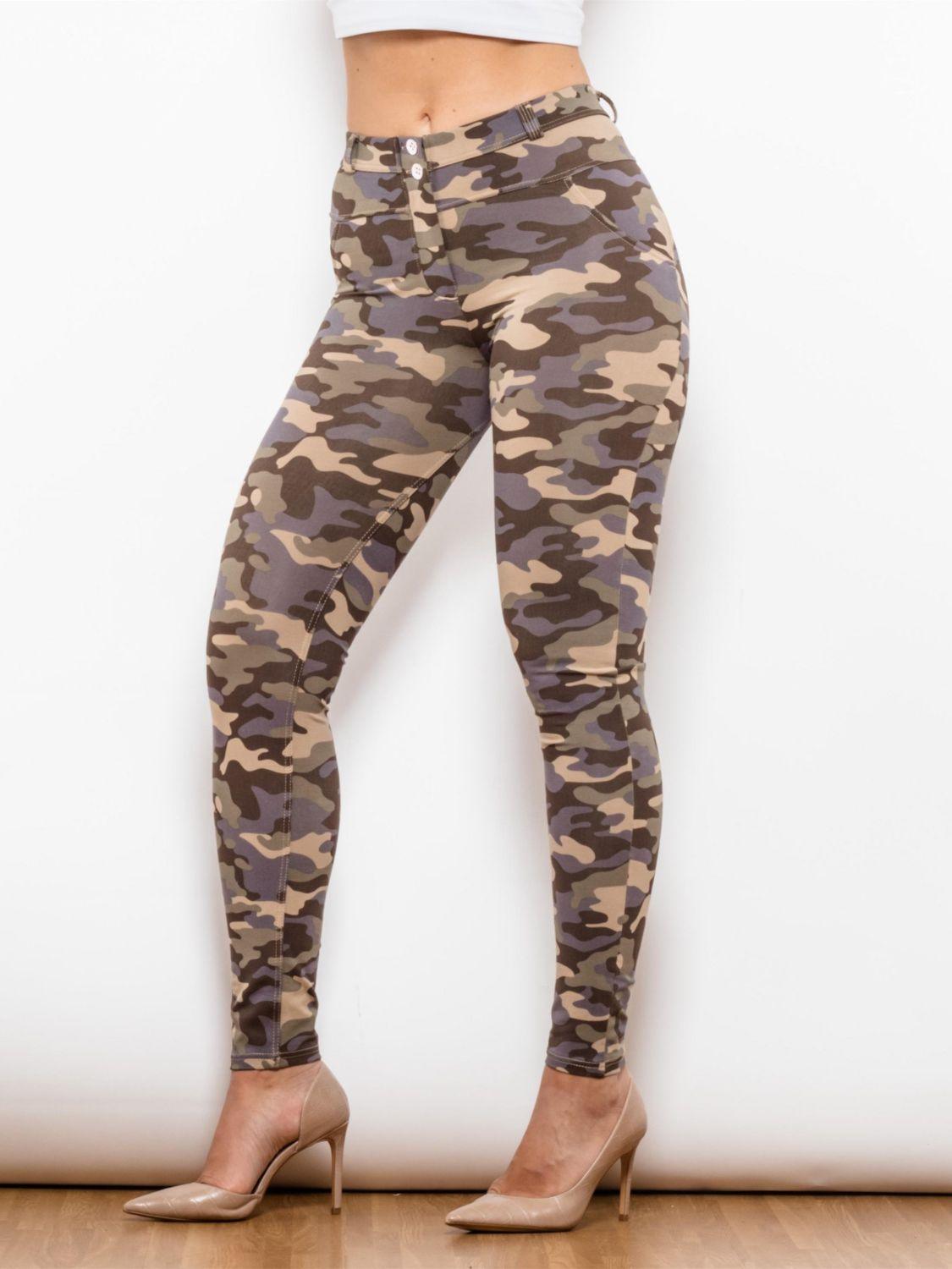 Full Size Camouflage Buttoned Leggings - Immenzive