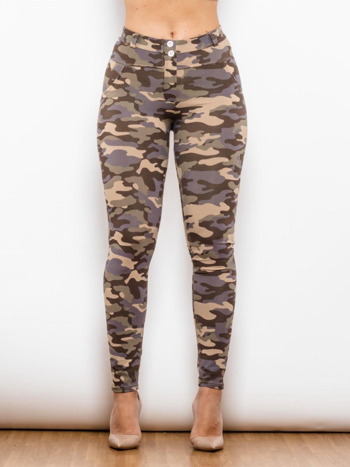 Full Size Camouflage Buttoned Leggings - Immenzive