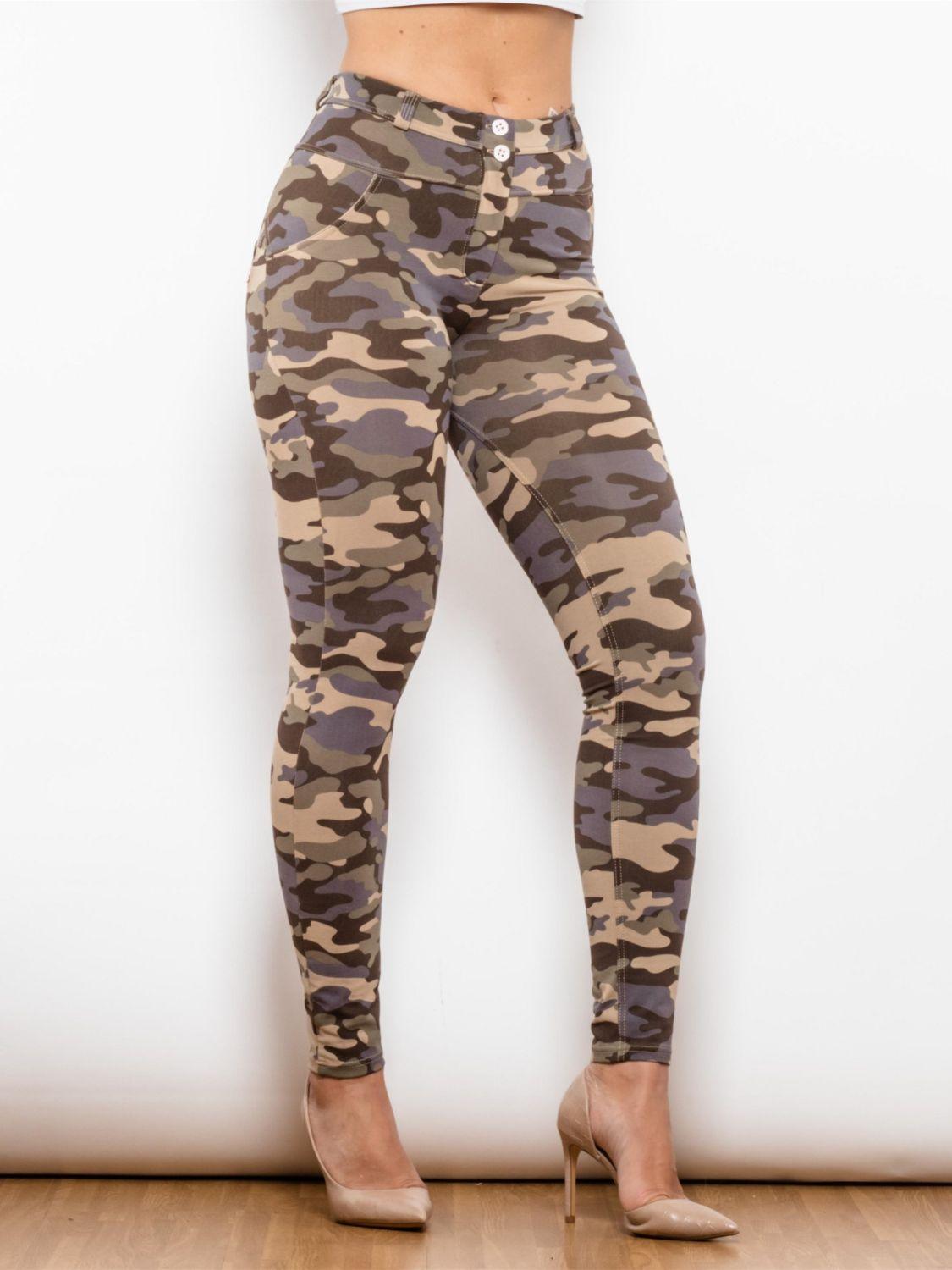 Full Size Camouflage Buttoned Leggings - Immenzive