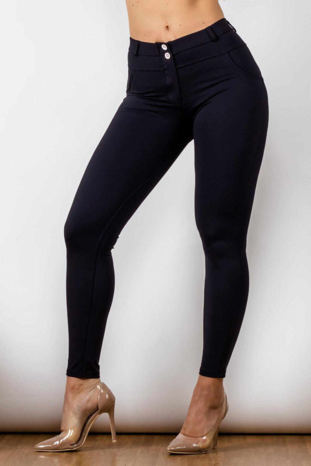 Full Size Contrast Detail Buttoned Leggings - Immenzive