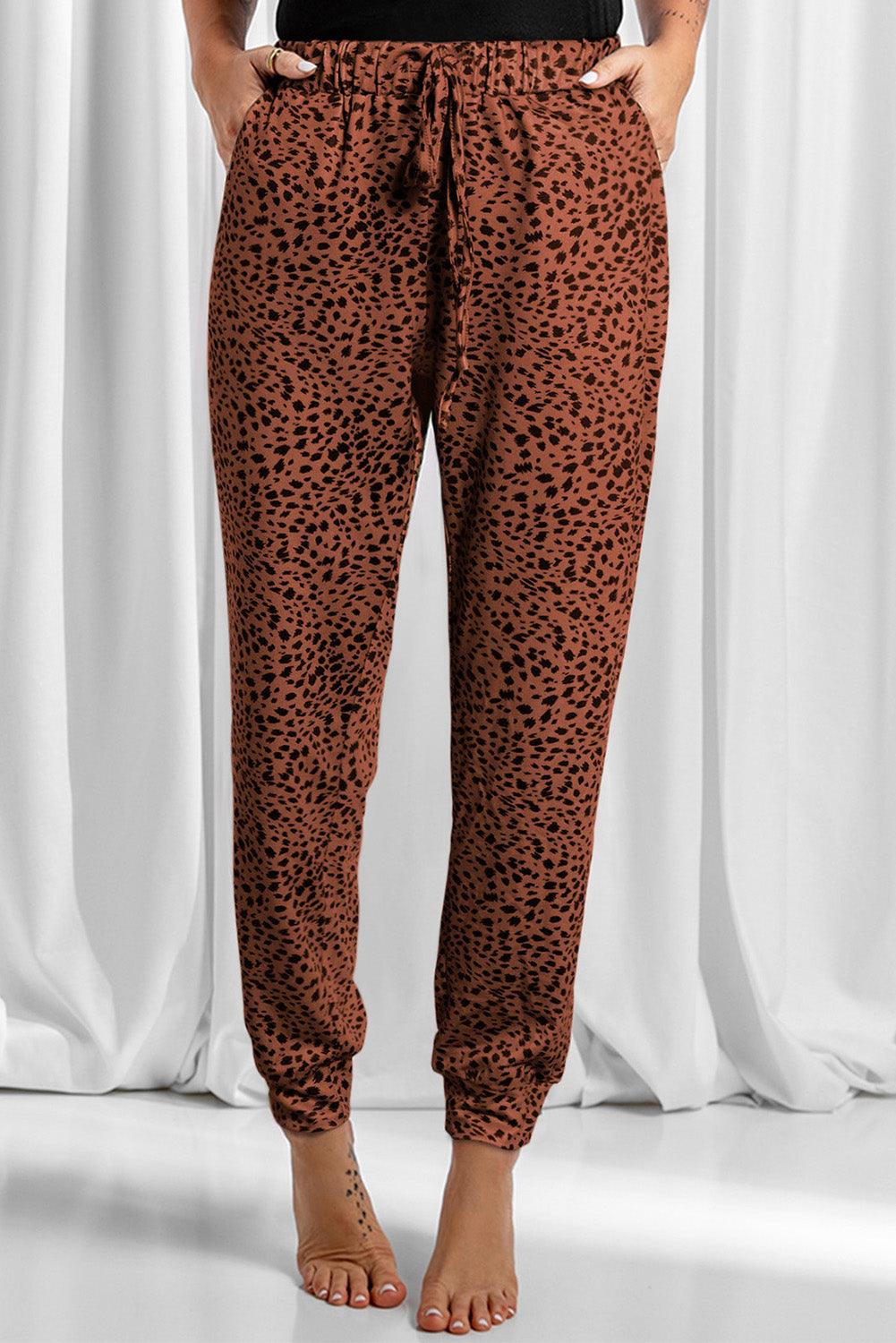 Full Size Leopard Drawstring Pocketed Pants - Immenzive