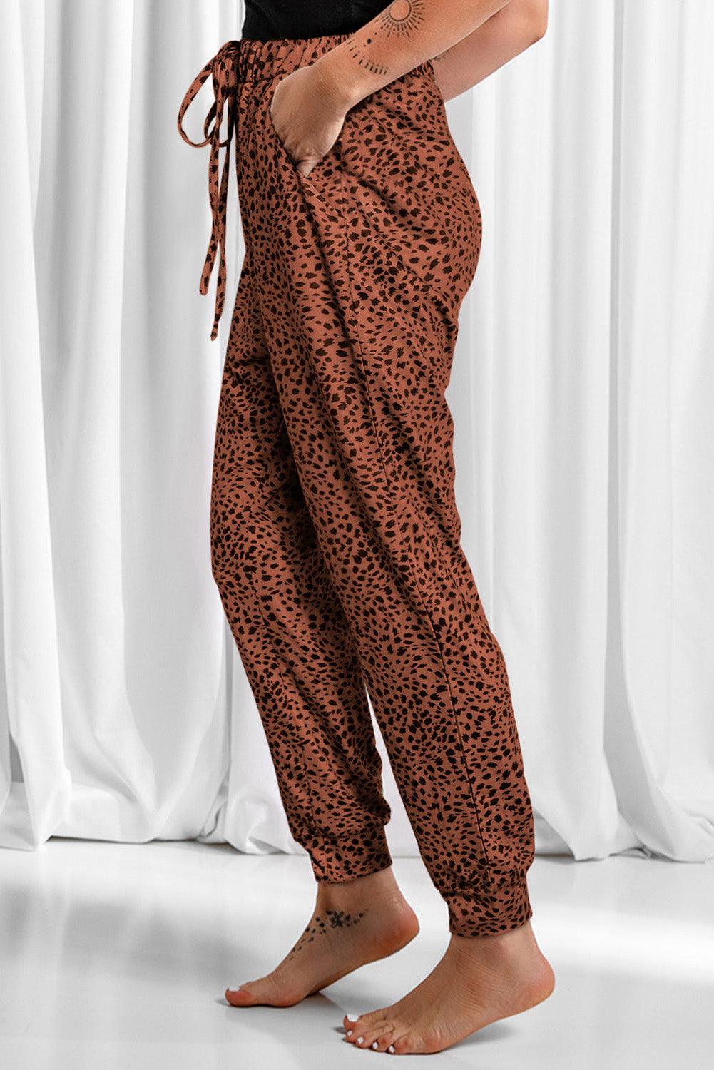 Full Size Leopard Drawstring Pocketed Pants - Immenzive