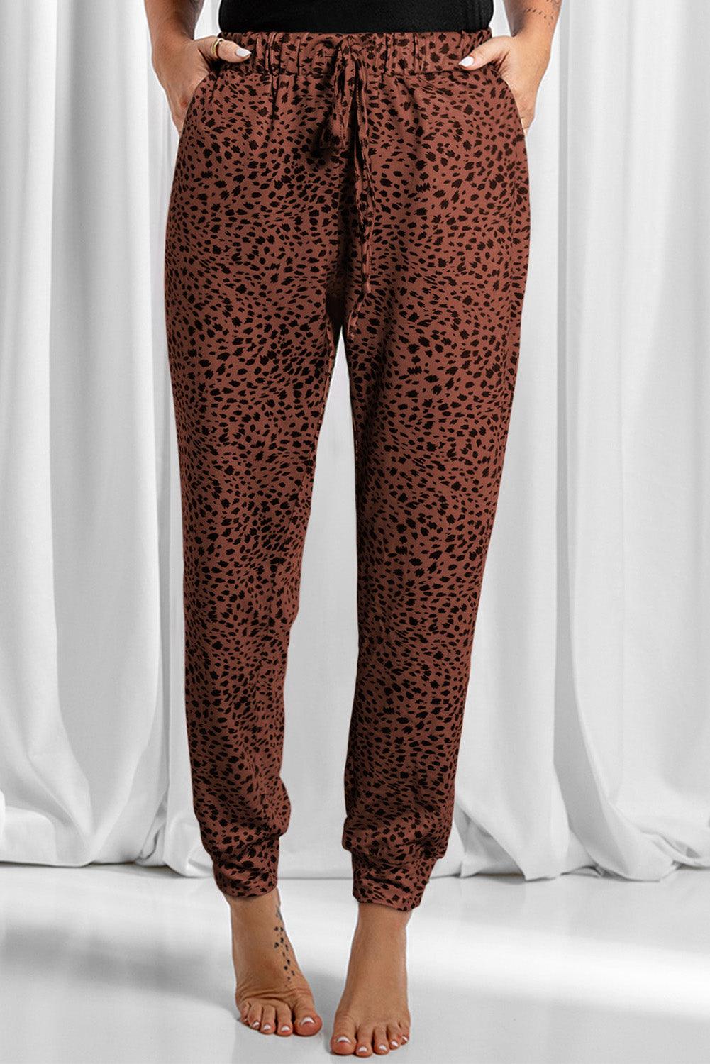 Full Size Leopard Drawstring Pocketed Pants - Immenzive