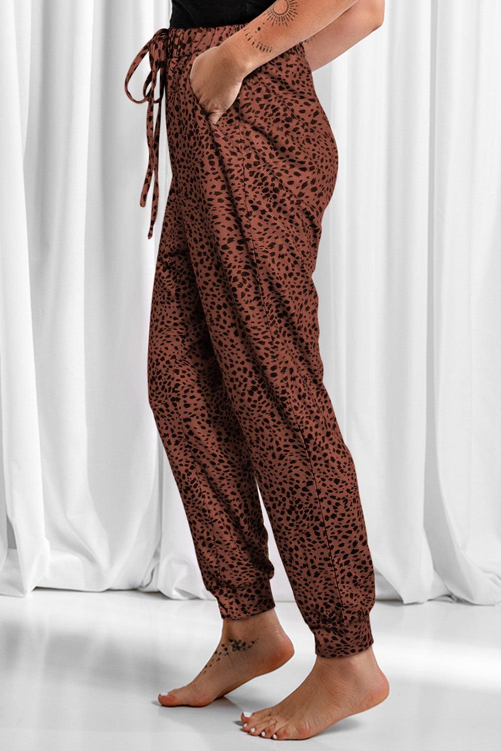 Full Size Leopard Drawstring Pocketed Pants - Immenzive