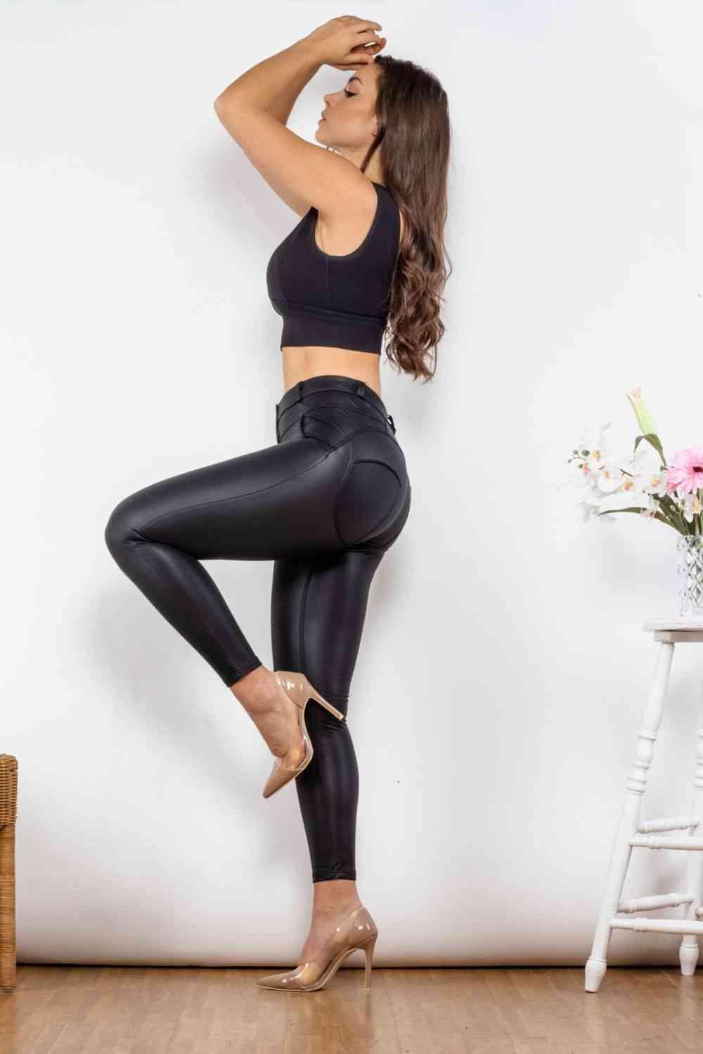 Full Size PU Leather Buttoned Leggings - Immenzive