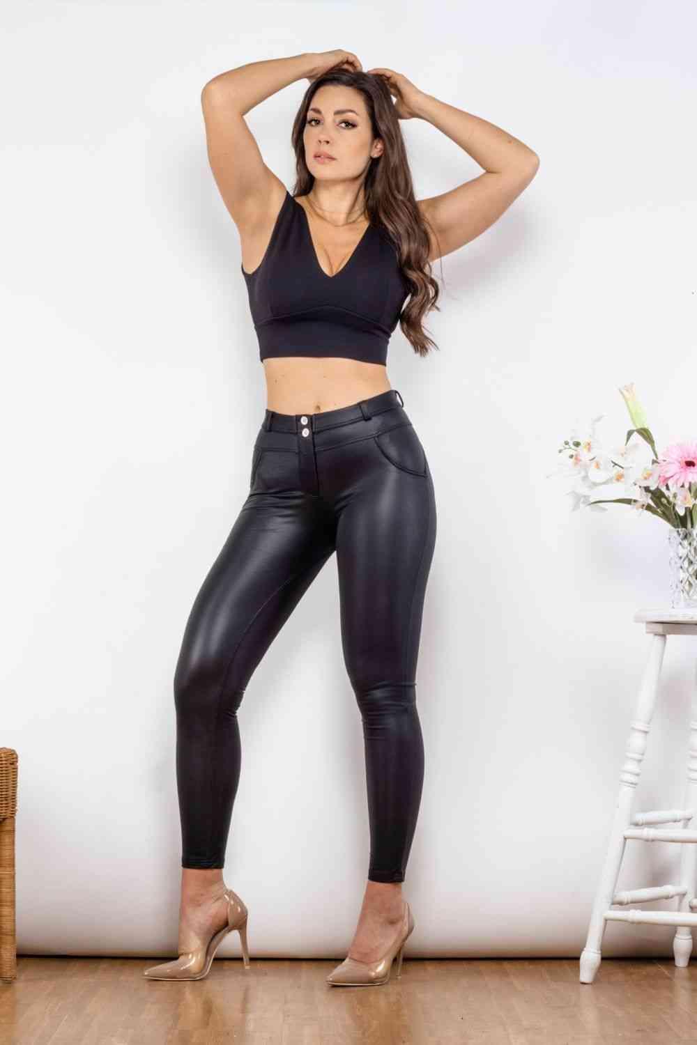 Full Size PU Leather Buttoned Leggings - Immenzive