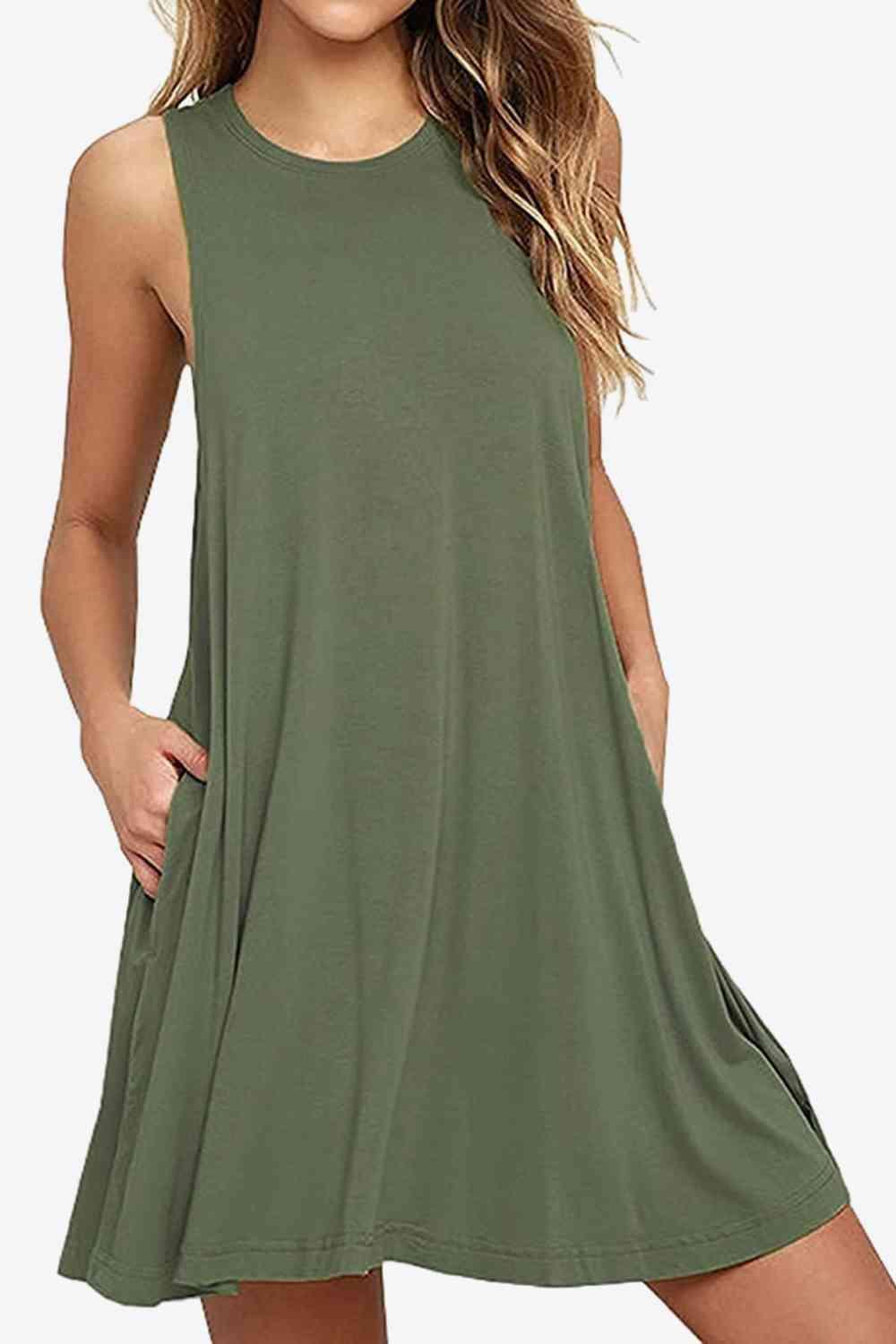 Full Size Round Neck Sleeveless Dress with Pockets - Immenzive