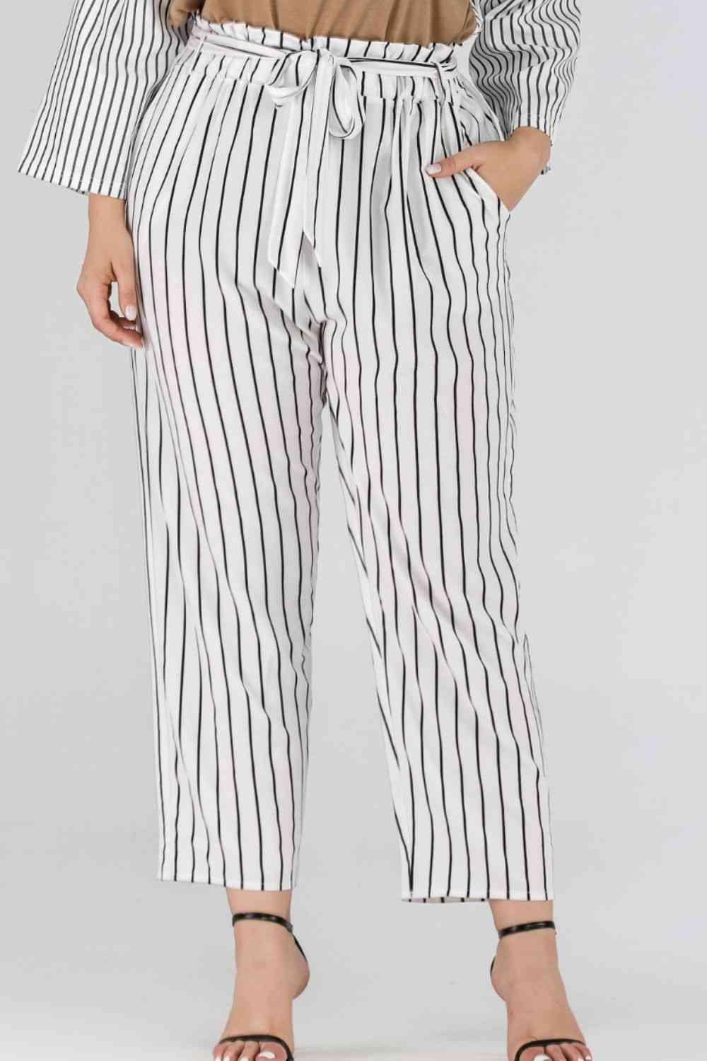 Full Size Striped Paperbag Waist Cropped Pants - Immenzive