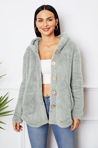 Fuzzy Button Up Hooded Outerwear - Immenzive