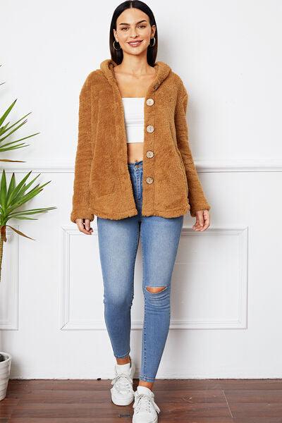 Fuzzy Button Up Hooded Outerwear - Immenzive