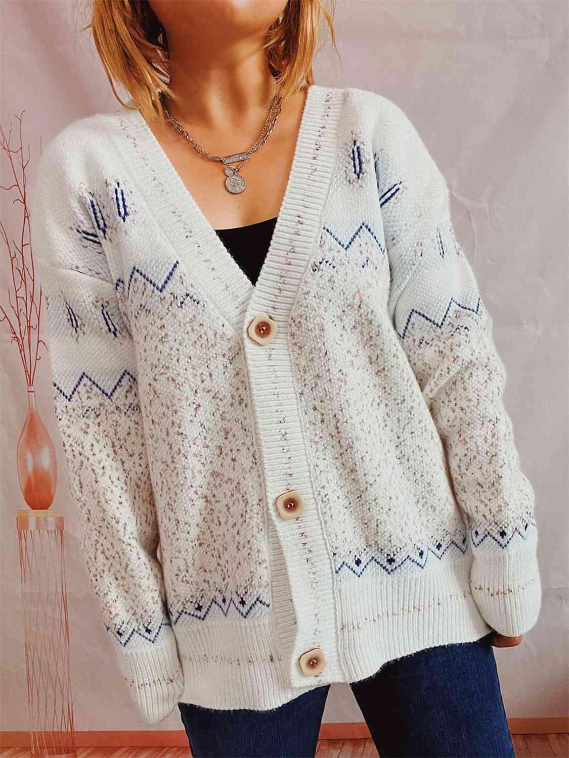 Geometric Button Front Long Sleeve Cardigan - Immenzive