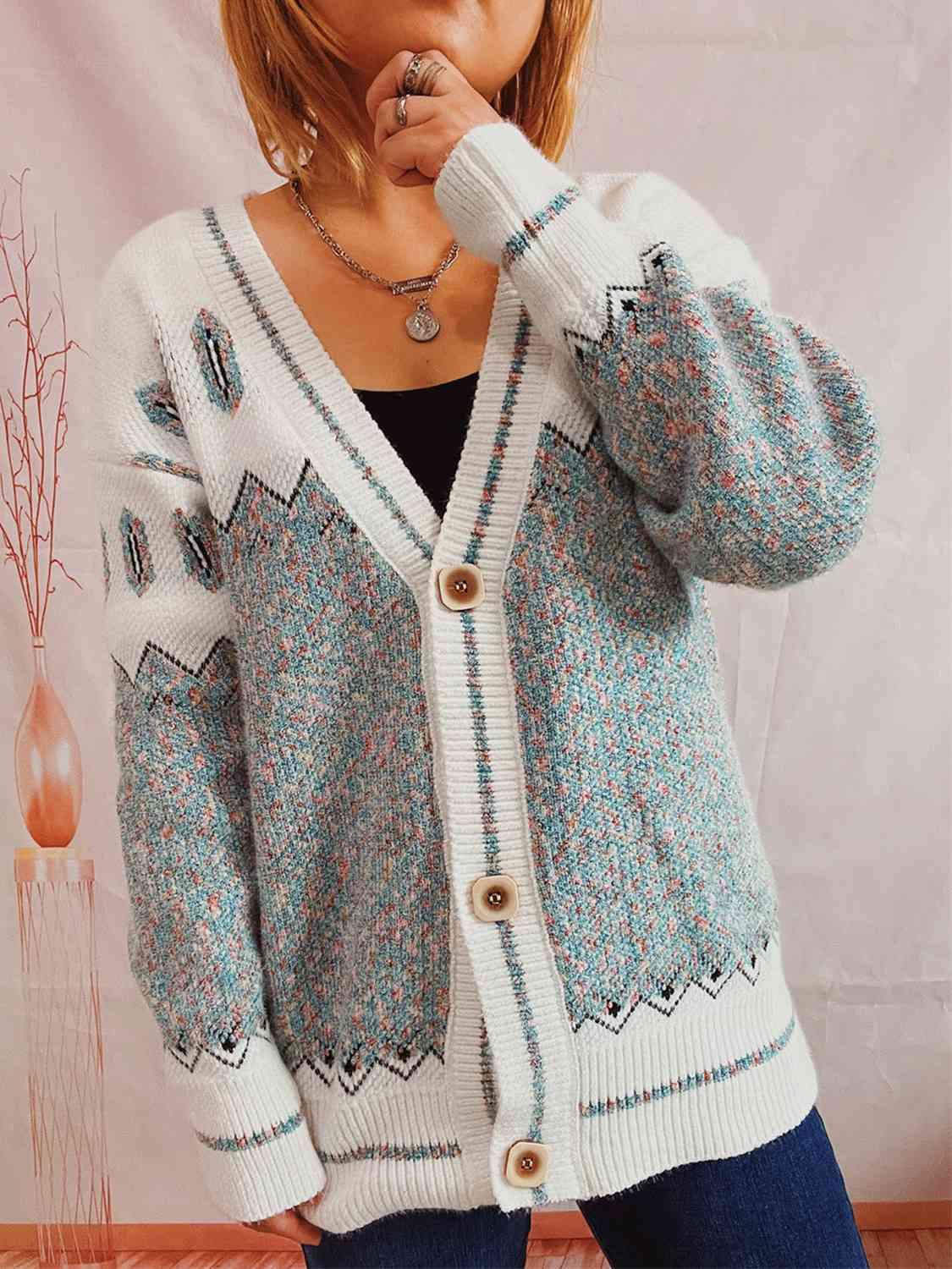 Geometric Button Front Long Sleeve Cardigan - Immenzive