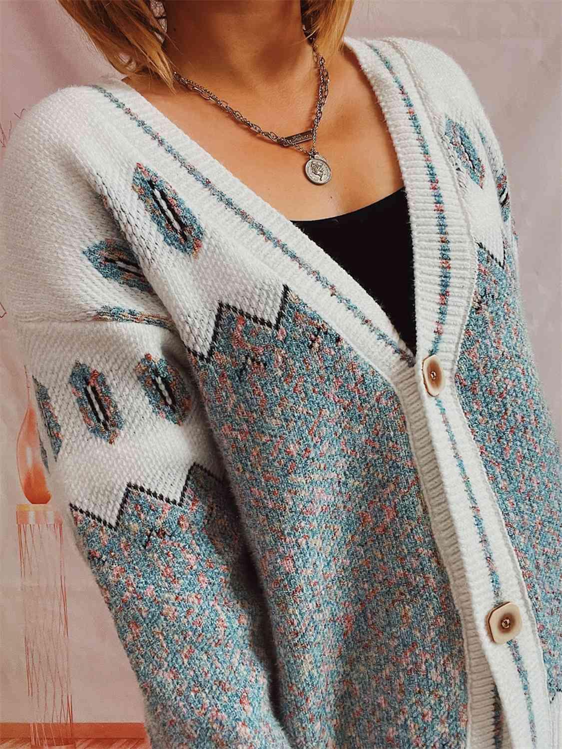 Geometric Button Front Long Sleeve Cardigan - Immenzive