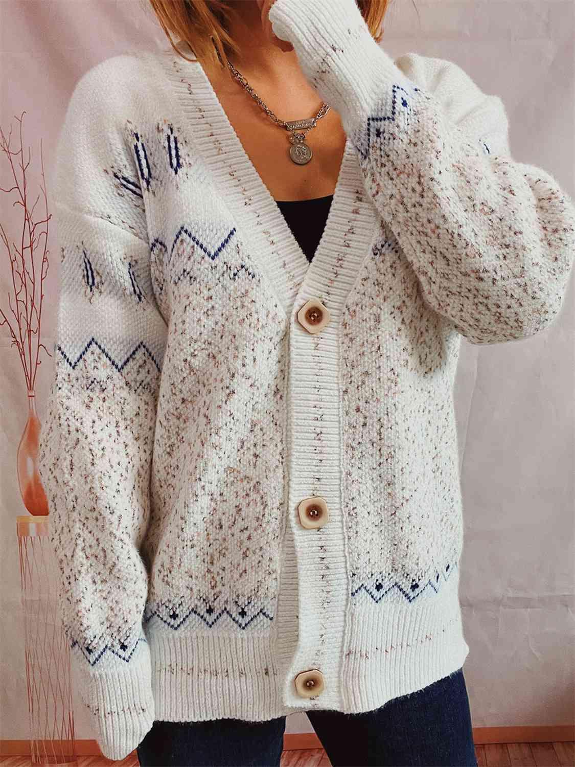 Geometric Button Front Long Sleeve Cardigan - Immenzive