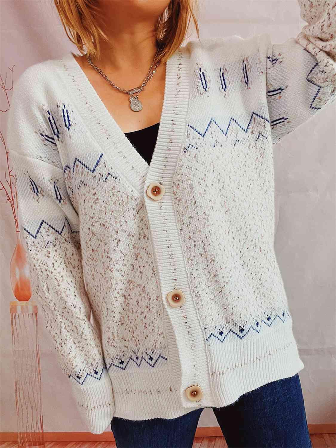 Geometric Button Front Long Sleeve Cardigan - Immenzive