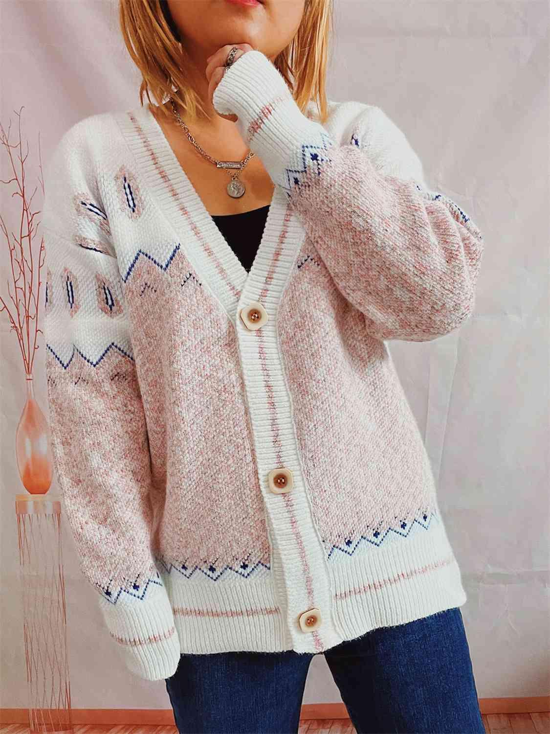 Geometric Button Front Long Sleeve Cardigan - Immenzive