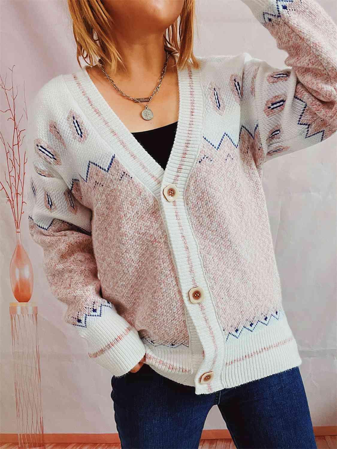 Geometric Button Front Long Sleeve Cardigan - Immenzive