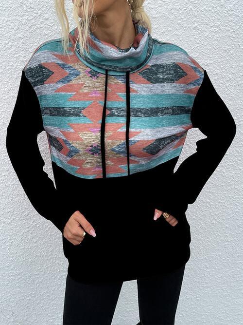 Geometric Drawstring Long-Sleeve Sweatshirt - Immenzive