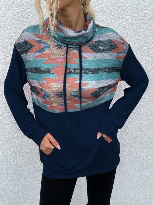 Geometric Drawstring Long-Sleeve Sweatshirt - Immenzive