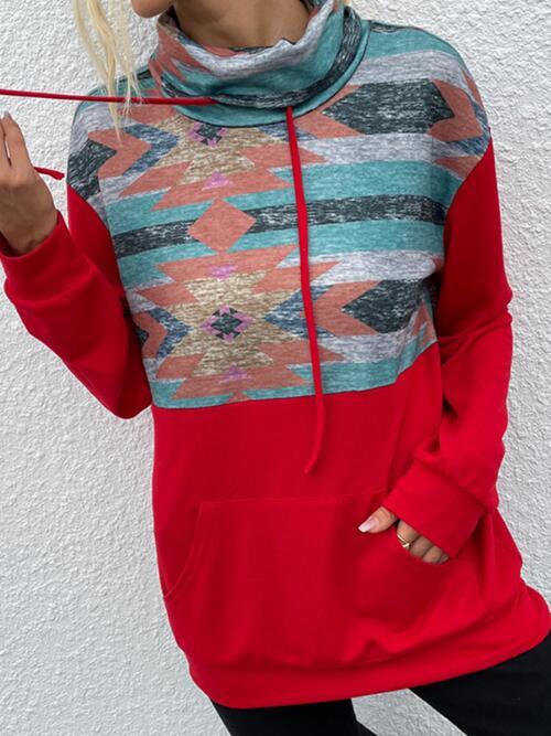 Geometric Drawstring Long-Sleeve Sweatshirt - Immenzive