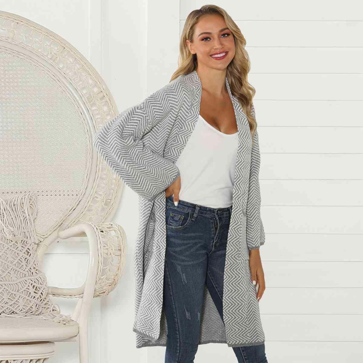 Geometric Open Front Cardigan with Pockets - Immenzive