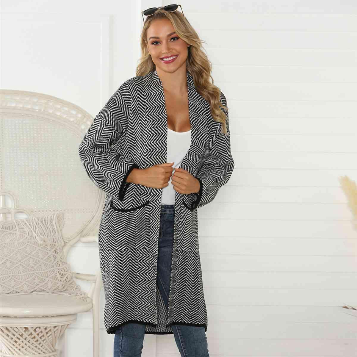 Geometric Open Front Cardigan with Pockets - Immenzive