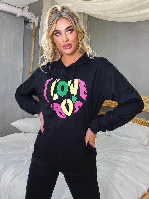 Graphic Drawstring Long Sleeve Hoodie - Immenzive