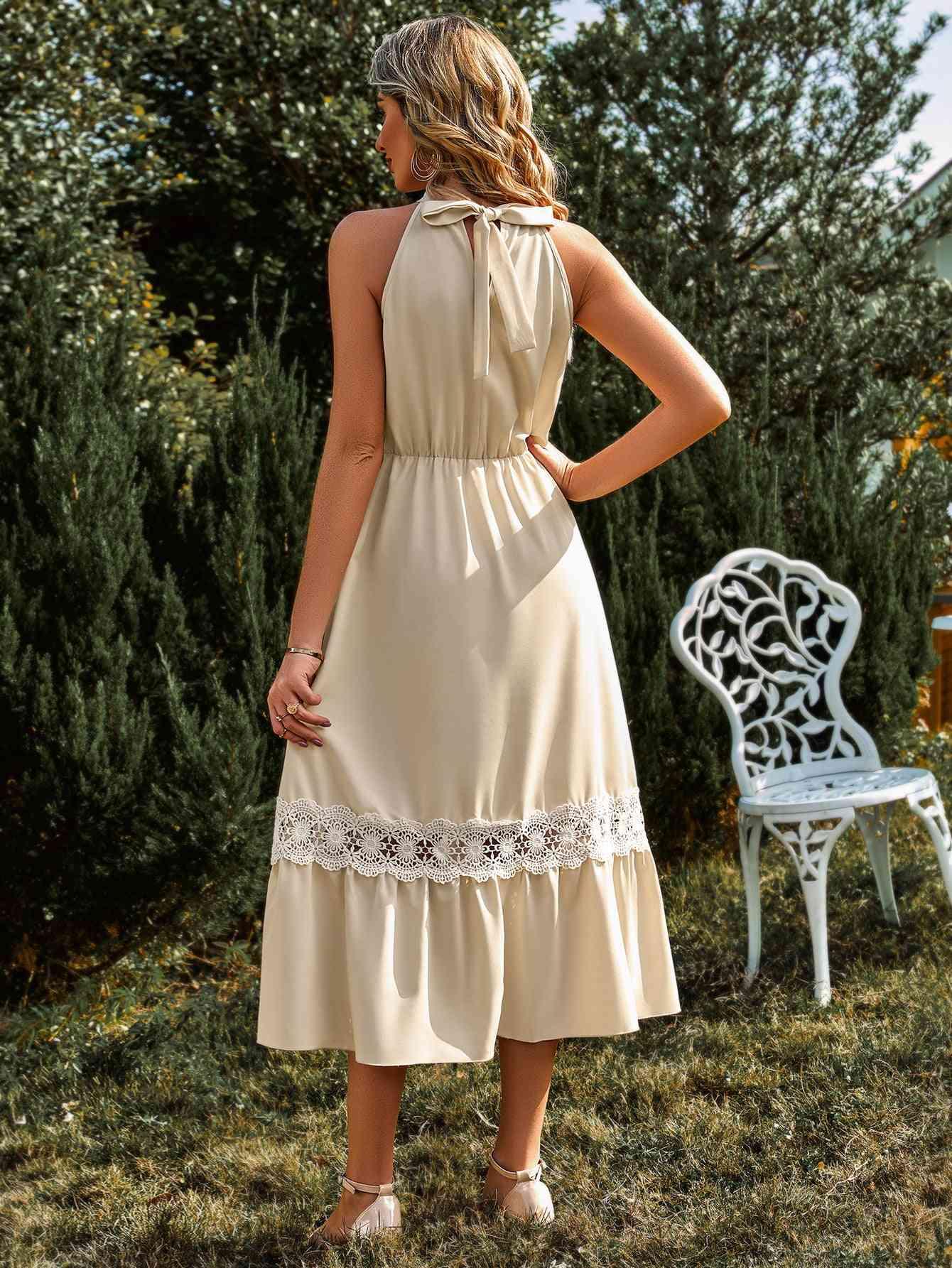 Grecian Neck Spliced Lace Midi Dress - Immenzive