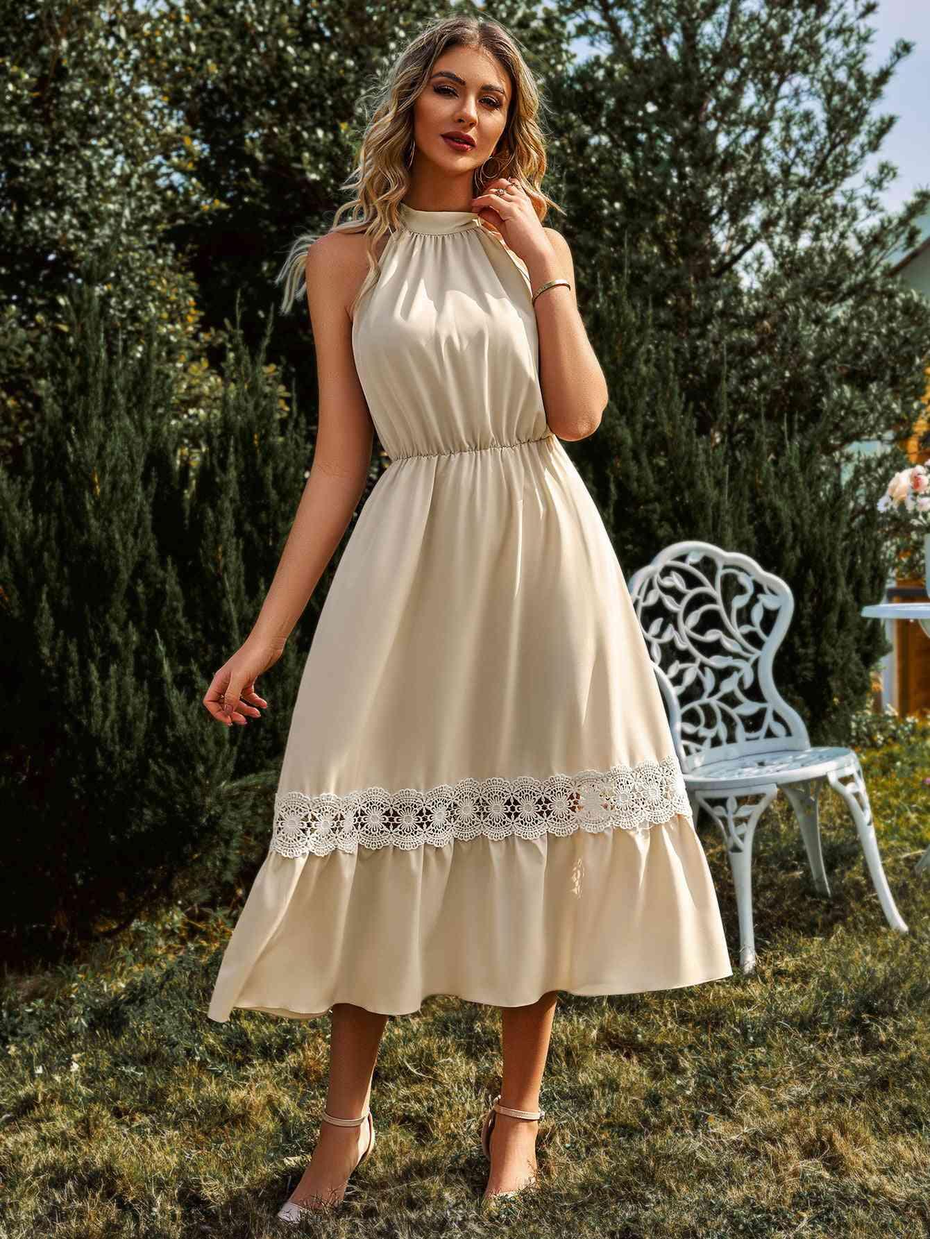 Grecian Neck Spliced Lace Midi Dress - Immenzive