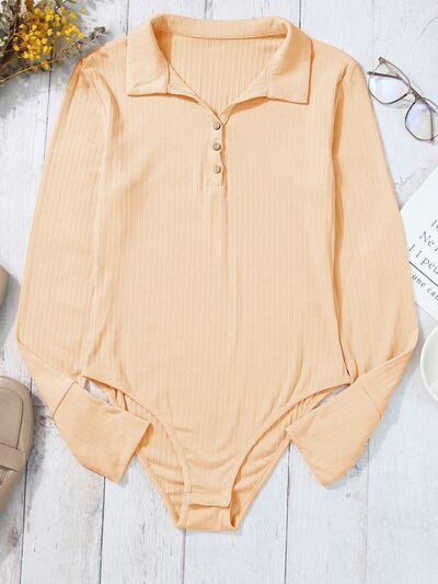 Half Button Collared Neck Long Sleeve Bodysuit - Immenzive