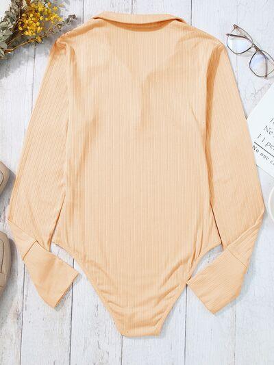 Half Button Collared Neck Long Sleeve Bodysuit - Immenzive