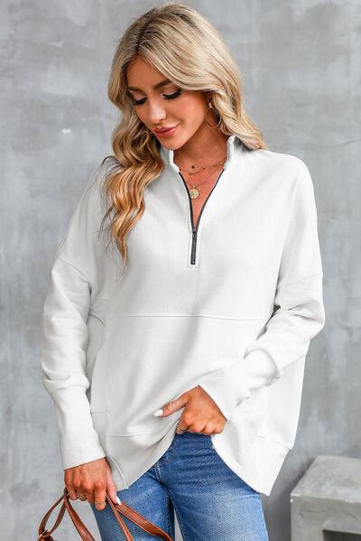 Half Zip Pocketed Dropped Shoulder Sweatshirt - Immenzive