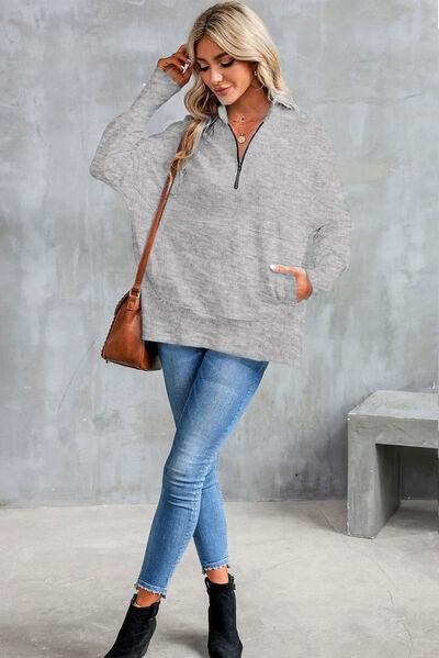 Half Zip Pocketed Dropped Shoulder Sweatshirt - Immenzive