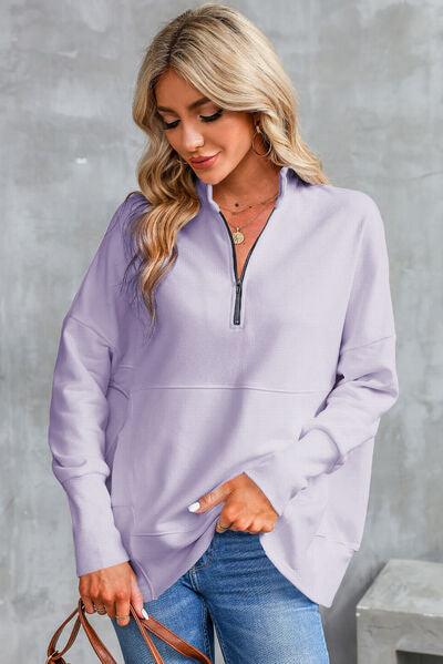 Half Zip Pocketed Dropped Shoulder Sweatshirt - Immenzive