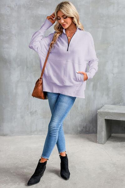 Half Zip Pocketed Dropped Shoulder Sweatshirt - Immenzive