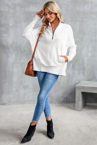 Half Zip Pocketed Dropped Shoulder Sweatshirt - Immenzive