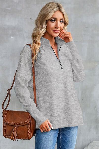 Half Zip Pocketed Dropped Shoulder Sweatshirt - Immenzive